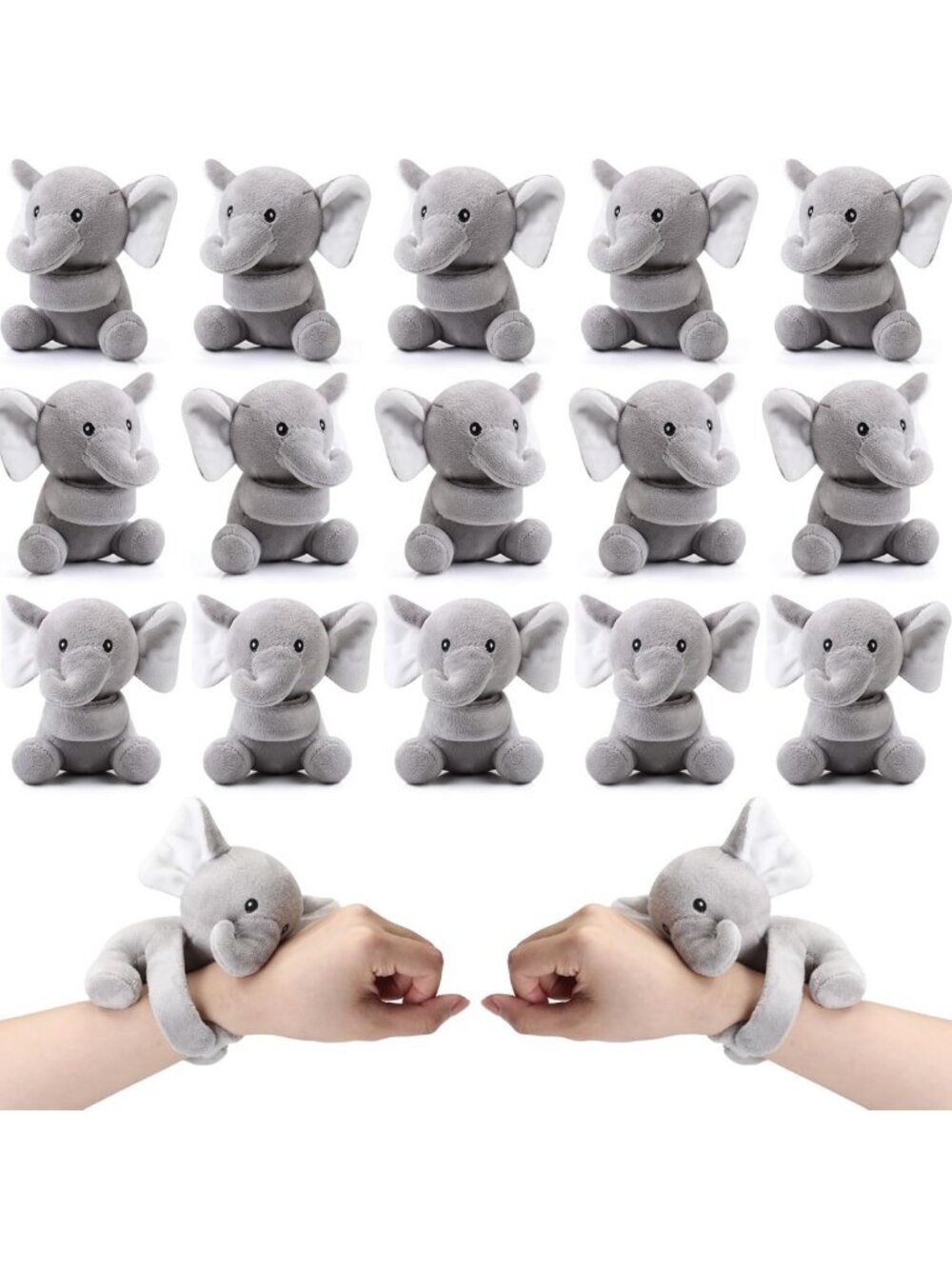 16 Pcs Elephant Plush Slap Bracelets for Kids - Fun Gray Party Favors